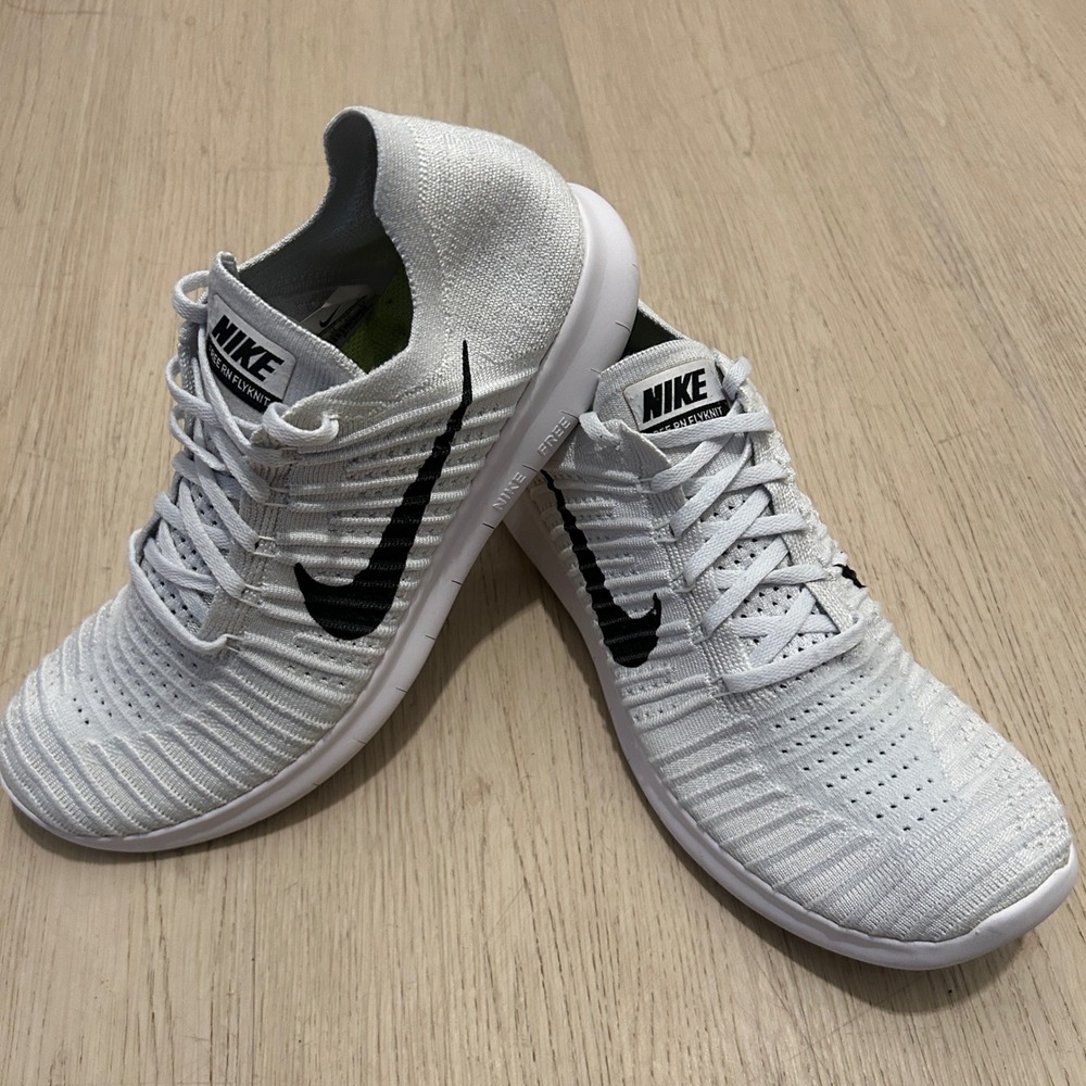 Nike Free RN Flyknit White Black Running Shoes 831069-101 Mens 11